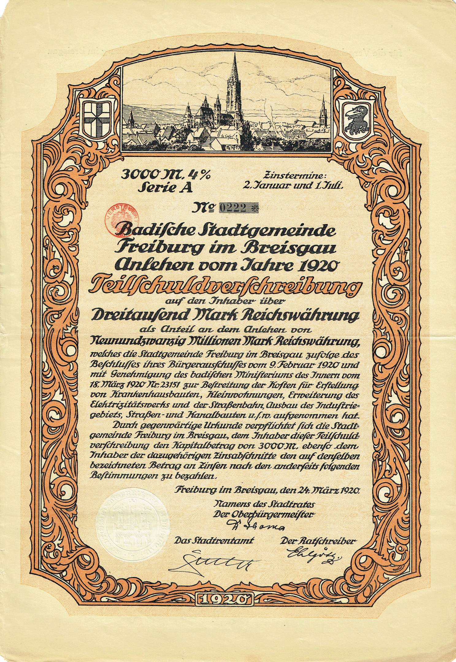 Alter deutscher Aktienchein mit einer Stadtillustration und gedrucktem Text über die Aktienherkunft.