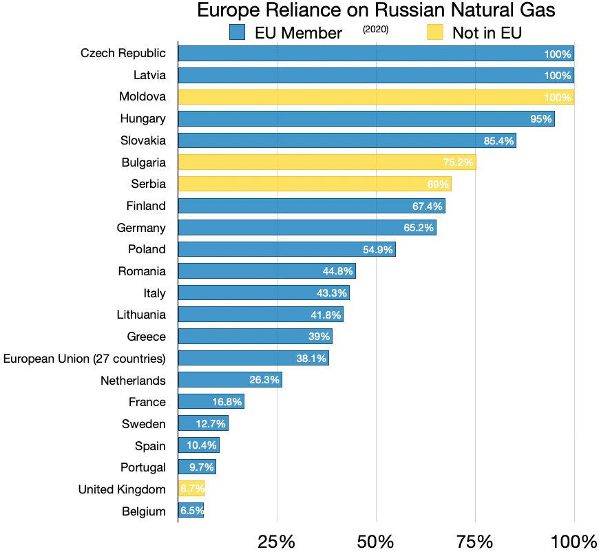 Eine Balkendiagramm, das die prozentuale Abhängigkeit Europas von russischem Erdgas zeigt, mit Text, der die Investitionsprozente angibt.