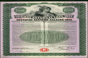 Eine 1924er deutsche Auslandsanleihe-Banknote mit einem Porträt einer Frau, Text und Zahlen, die ihren Nennwert angeben.