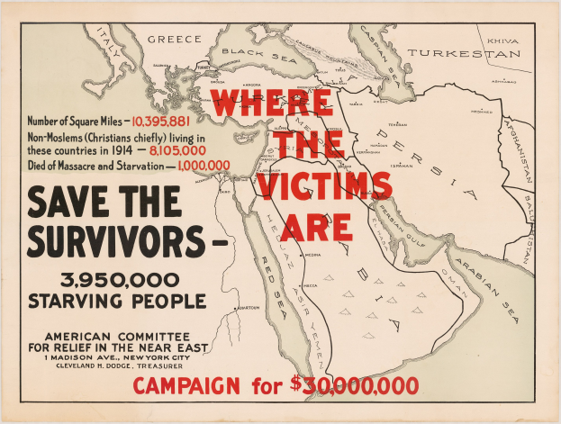 Plakat mit einer Weltkarte und dem Text "Wo die Opfer sind: Retten Sie die Überlebenden - 3.950.000 hungernde Menschen"