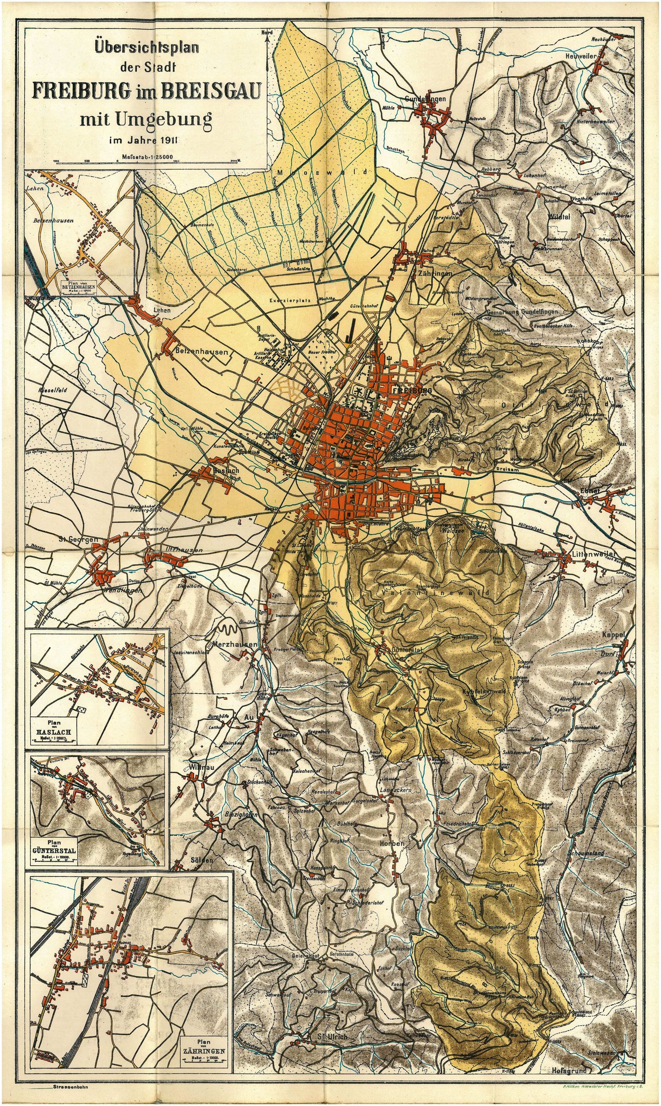 Detailierte alte Karte von Freiburg, Deutschland, mit Straßen, Gebäuden und Sehenswürdigkeiten, mit Text oben und unten.