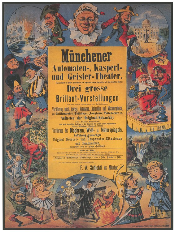 Alter deutscher Filmplakat für "Munchener Automaten-Kasperl- und Geister-Theater" mit einer Gruppe in bunten Kostümen umgeben von Text.