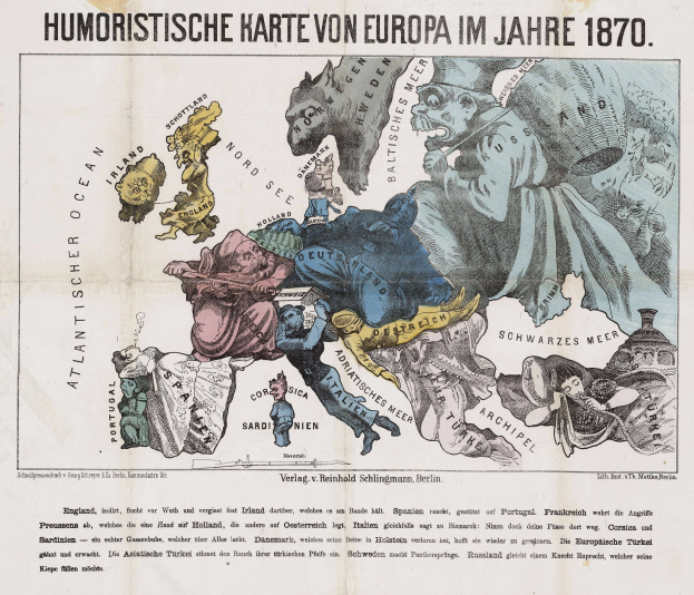 Ein Plakat mit der Aufschrift "Humoristische Europakarte des Jahres 1870", das eine Karte von Europa mit Cartoon-Bildern zeigt.