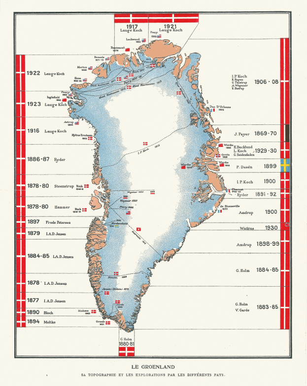 Eine Karte von Grönland mit der Ausdehnung des arktischen Meereises markiert, gefüllt mit Text und Zahlen, die die Region detailieren.
