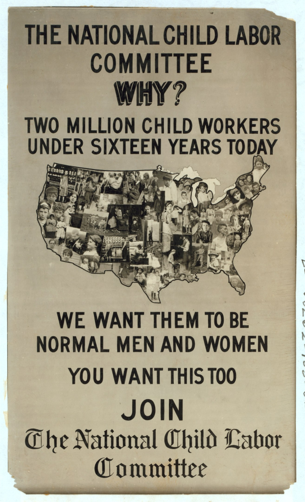 Plakat mit der Aufschrift "Nationaler Ausschuss für Kinderarbeit: Warum? Zweieinhalb Millionen Kinderarbeiter unter sechzehn Jahren heute" mit einer USA-Karte und mehreren menschlichen Gesichtern, die Ausschussmitglieder darstellen.
