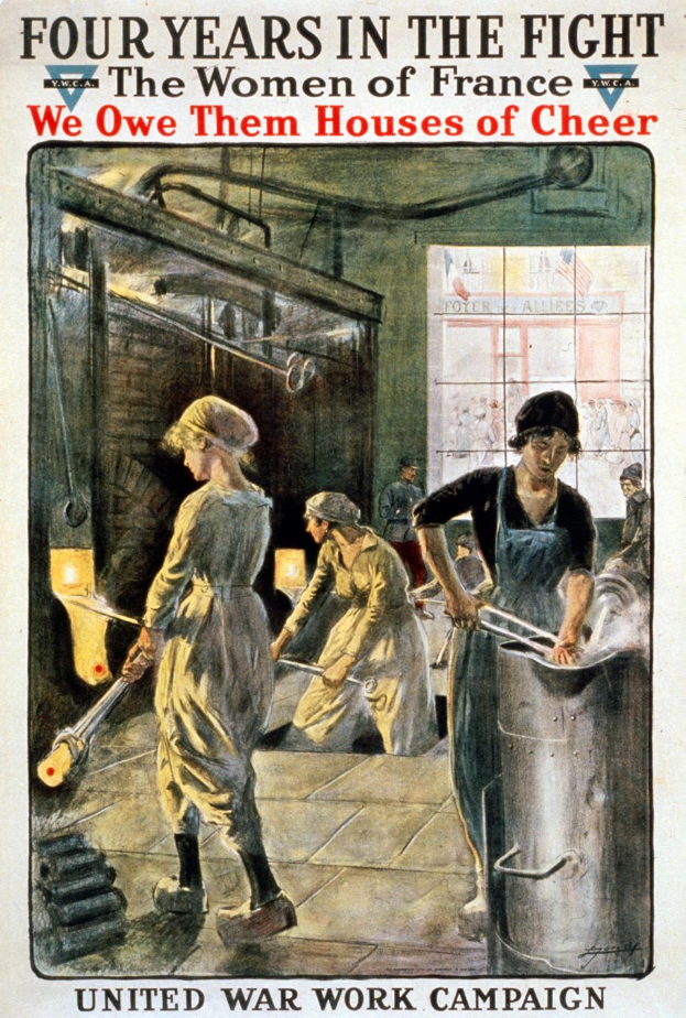 Ein Plakat, das vier Frauen in Arbeitskleidung zeigt, jede hält ein Metallobjekt in der Hand, mit der Aufschrift "Vier Jahre im Kampf: Die Frauen Frankreichs, denen wir Häuser der Freude schulden."