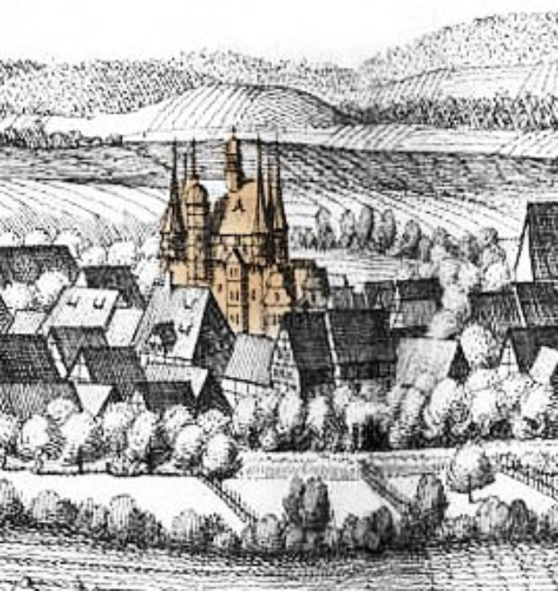 Schwarzes und weißes Zeichnung eines kleinen Dorfes mit einer zentralen Kirche, umgeben von Bäumen und Hügeln, beschriftet mit "Gothic Architecture in Germany" unten.