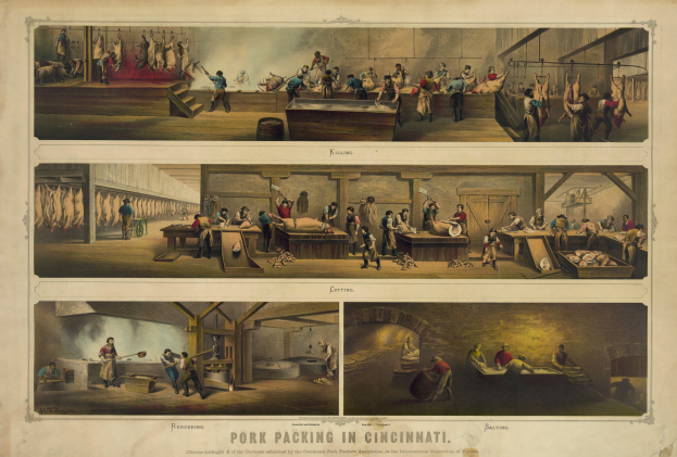 Plakat, das Menschen in einem unordentlichen Raum zeigt, mit der Beschriftung "Schweineschlachtung in Cincinnati."