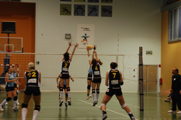 Ein Volleyballspiel in vollem Gange auf einer Indoor-Court mit einem Basketballkorb im Hintergrund.