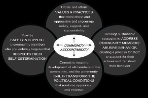 Ein Diagramm mit der Überschrift "Gemeinschaftliche Rechenschaft" mit drei miteinander verbundenen Kreisen um einen zentralen Kreis, alles in leuchtenden Farben, mit fettem Text, der den Begriff betont.