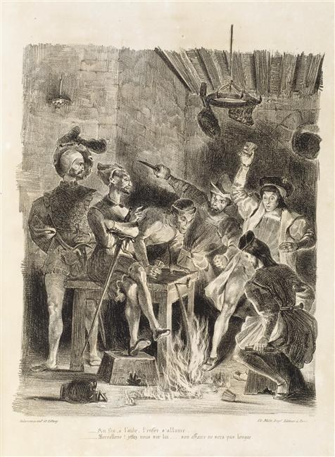 Schwarz-weiß-Radierung einer verzweifelten Gruppe von Menschen um ein Feuer versammelt, mit einigen am Boden liegend und anderen stehend, vor einer Wand; Text unten lautet "Der Tod des Königs von England."