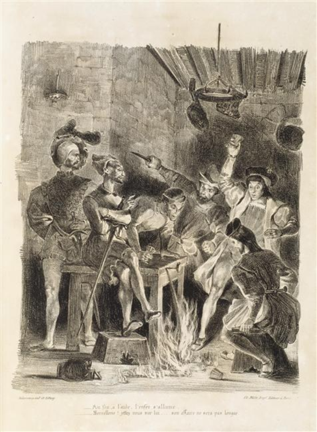 Schwarz-weiß-Radierung einer verzweifelten Gruppe von Menschen um ein Feuer versammelt, mit einigen am Boden liegend und anderen stehend, vor einer Wand; Text unten lautet "Der Tod des Königs von England."