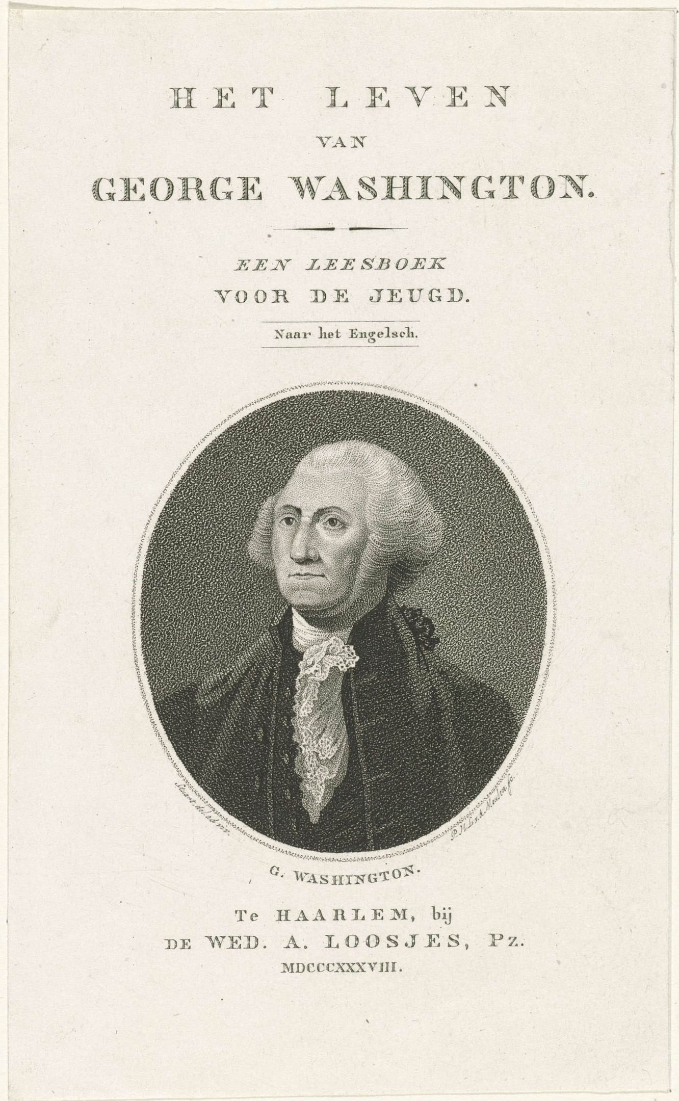 Porträt von George Washington auf Papier mit Text, der nach vorne schaut und einen ernsten Ausdruck hat, trägt Anzug und Krawatte.
