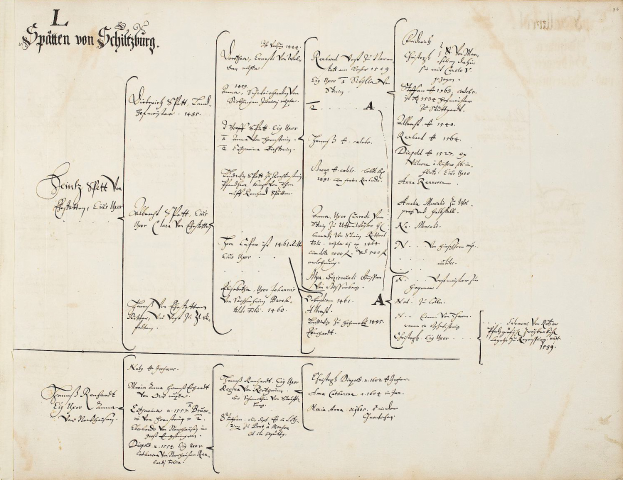 Ein altes Buch mit handgeschriebener genealogischer Tabelle, die die Familiengeschichte von Johann Wolfgang von Schleswig-Holstein zeigt.