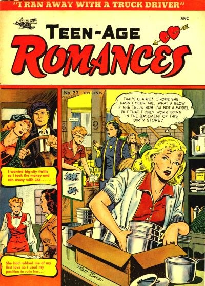 Ein farbenfroher DC-Comics-Plakat titled 'Teen-Age Romances 23-A', der eine Gruppe von Menschen in einer fröhlichen, romantischen Umarmung zeigt mit fetter Schrift und bunten Bildern.