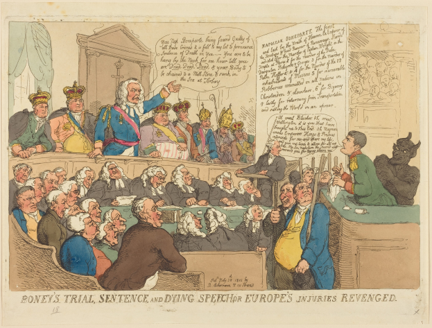 Eine Karikatur einer Gerichtsszene mit einer Gruppe von Menschen, die auf Stühlen sitzen und ein Mann in der Mitte steht, ein Tisch mit Gegenständen auf der rechten Seite und ein Text unten, der "Boney's Trial, Sentence, and Dying Speech Europe's Injuries Revenged" liest.