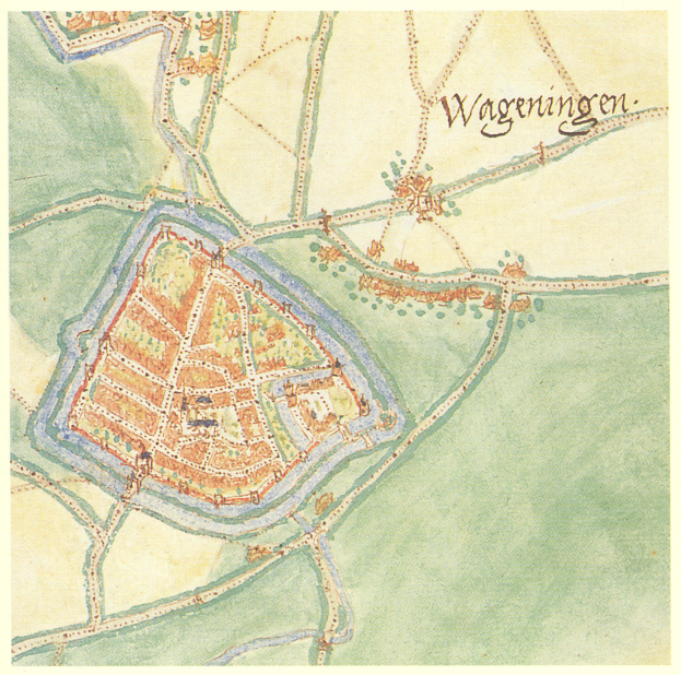 Ein detaillierter Stadtplan von Wageningen, Deutschland, mit Straßennamen, Gebäuden und Sehenswürdigkeiten.