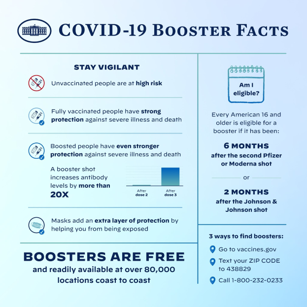 Plakat mit Text und Bildern, das Covid-19-Booster-Fakten bereitstellt, einschließlich Fallzahlen, Virusart, Risiken und einer Grafik einer Person mit Mund-Nasen-Schutz.