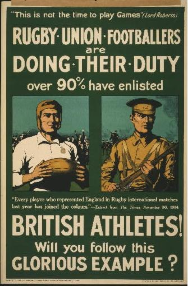 Plakat mit zwei Rugbyspielern in Uniform mit Text über britische Athleten, die sich zum Dienst melden.