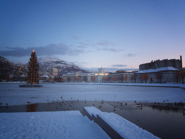 Eine Stadtansicht mit Geb├Ąuden, H├Ąusern und B├Ąumen auf beiden Seiten, einem Weihnachtsbaum mit Lichtern auf der linken Seite, Bergen und Schnee im Hintergrund, einem bew├Âlktem Himmel ├Âber und einem Gew├Ąsser mit ein paar V├Âgeln unten.