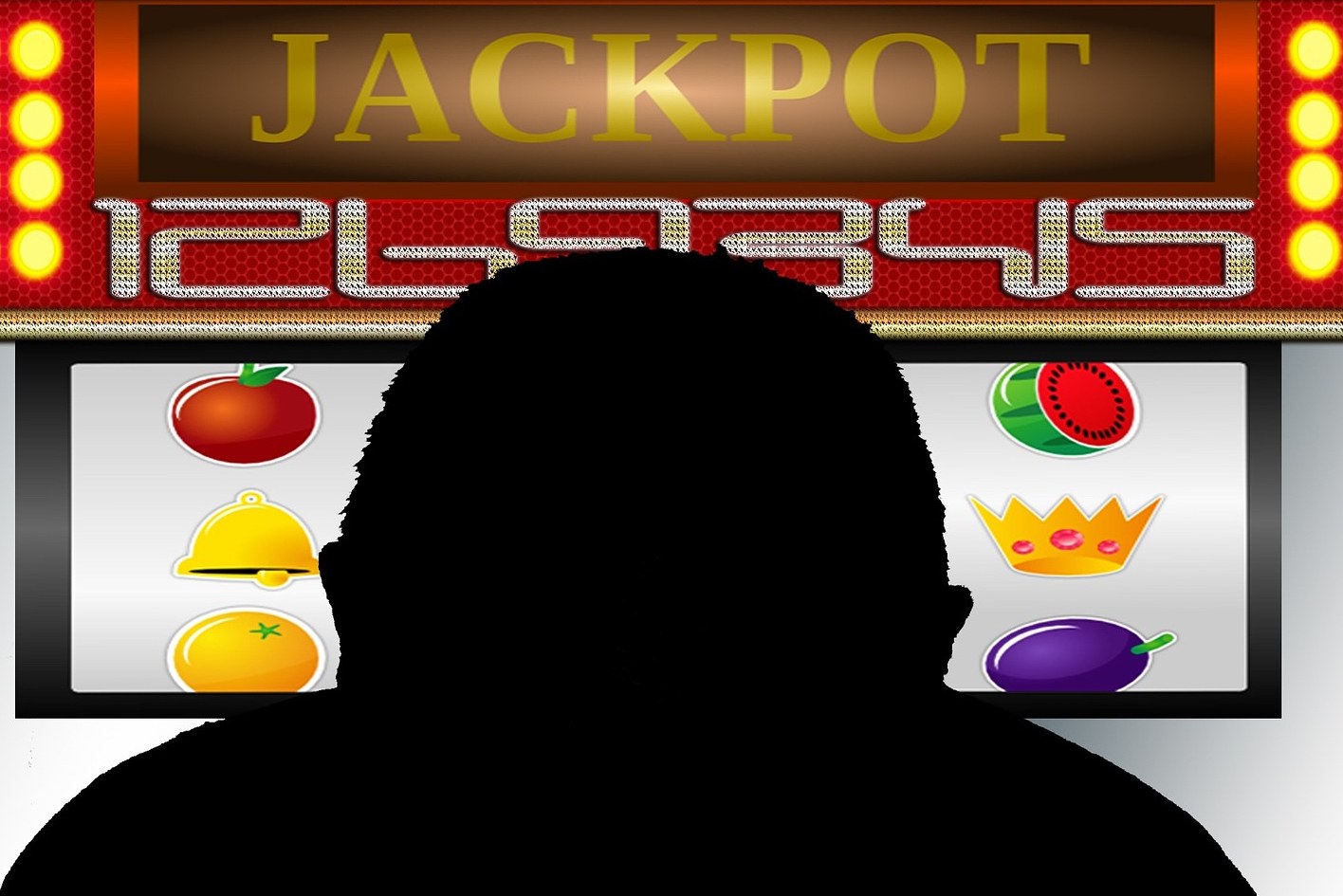 Ein Mann spielt an einem Automaten mit der Aufschrift "Jackpot", umgeben von einer Tafel mit Text und Fruchtbildern, die auf ein Online-Casinospiel hinweisen.