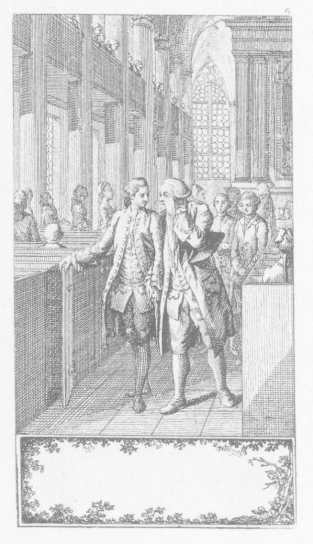 Eine Schwarz-Weiß-Radierung von zwei Männern in einem Gerichtssaal, umgeben von einer Gruppe von Menschen, Säulen und einem Fenster, mit Text unten, der lautet: "William Hogarth - Der Prozess von William Hogarth".