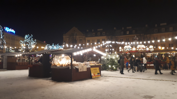 Ein verschneiter Weihnachtsmarkt mit Menschen, Ständen mit Lichtern, Pflanzen, Bäumen, Gebäuden und Schildern unter einem bewölkten Himmel.