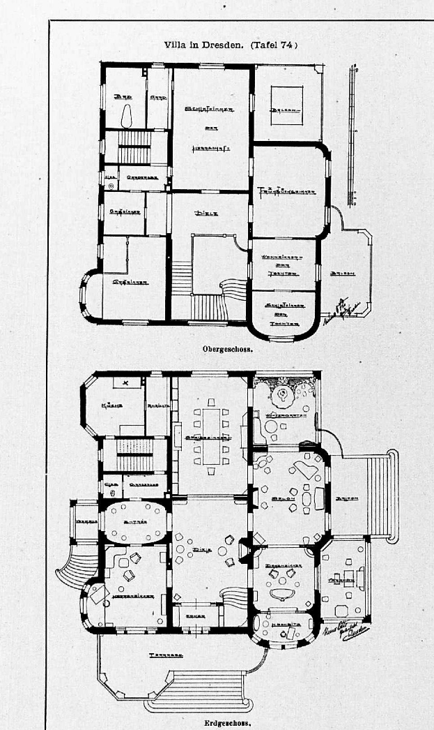 Ein Schwarz-Weiß-Bodenplan-Zeichnung eines Hauses mit mehreren Räumen, beschriftet mit Details über die Raumanzahl und Größen, die als Villa in Dresden, Deutschland, identifiziert wird.