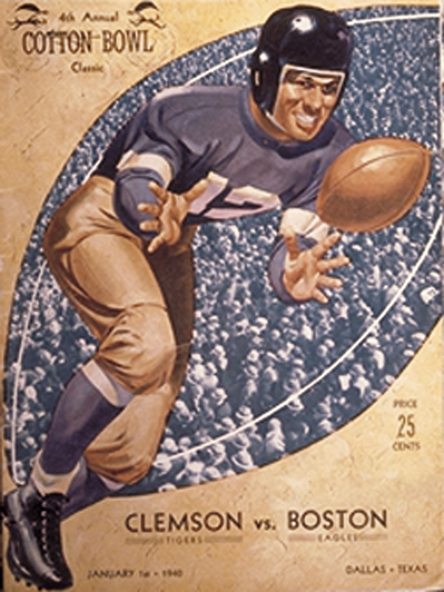 Ein Plakat eines Football-Spielers in einem Helm, der einen Football hält, mit dem Text "Cotton Bowl Cleveland vs Boston" darüber.