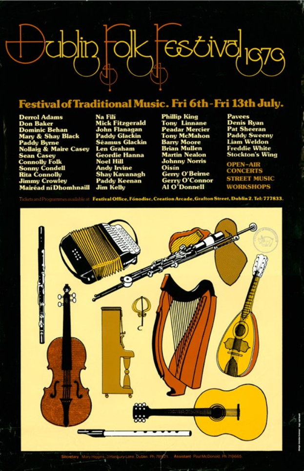 Ein Plakat für das Dublin Folk Festival 1975 mit einer Gitarre, Harfe, Flöte und einem Schlagzeug, mit Texten, die Informationen zum Festival liefern.