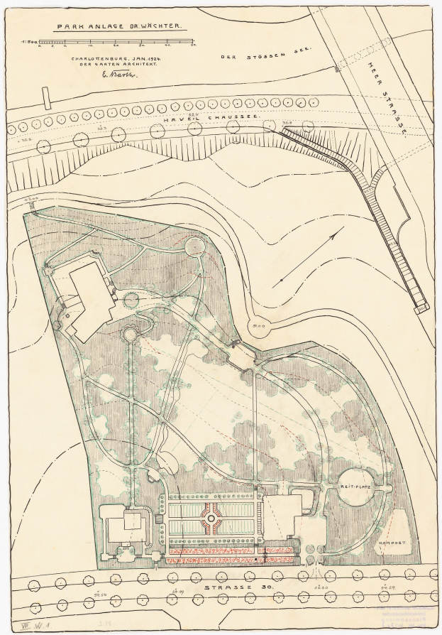 Alte detaillierte Karte eines Parks mit Wegen, Bäumen und Gebäuden, einschließlich Text oben und unten, der zusätzliche Informationen bereitstellt.