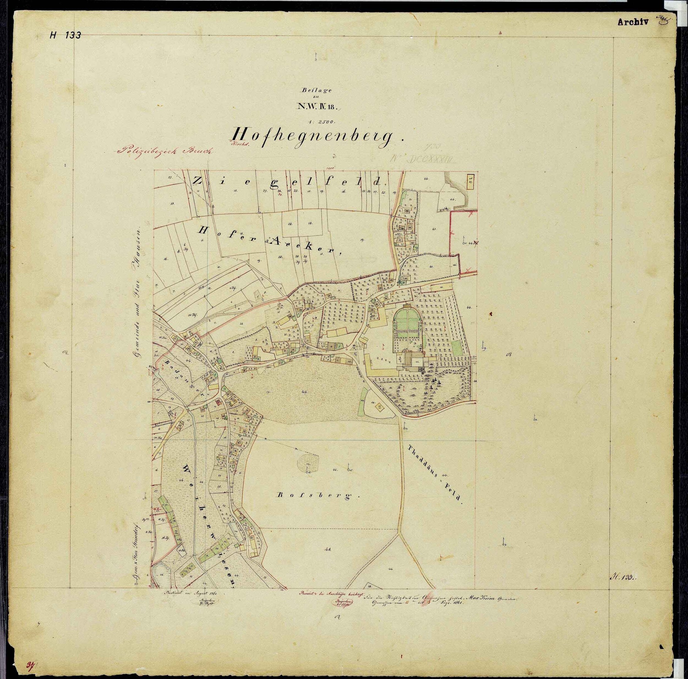 Schwarz-weiß-Karte von Hofhegenberg, Deutschland, mit schwarzem Rand, die Straßen, Gebäude und Sehenswürdigkeiten zeigt.