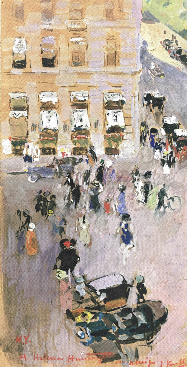 Gemälde einer belebten Straße in New York City mit Fußgängern, Fahrzeugen, einem Gebäude im Hintergrund und Text unten.