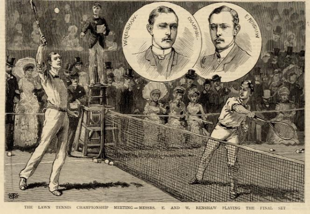 Schwarze und Weiße Zeichnung von zwei Männern, die Tennis auf einem Platz mit einem Netz und Zuschauern im Hintergrund spielen, mit der Aufschrift "The Lawn Tennis Championship Meeting - Messers, E und W Renshaw Playing the Final Set" unten.