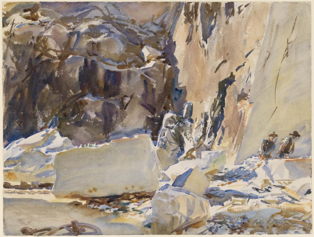 Ein Aquarell mit dem Titel "Mountain Scene" von John Singer Sargent, das eine verschneite Landschaft mit einer Gruppe von Menschen in Winterkleidung zeigt, die in einer Lichtung umgeben von zerklüfteten grauen Felsen und hohen Laubbäumen stehen, unter einem tiefblauen Himmel mit wolkigen Wolken.