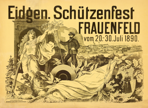Plakat für das Eidgenössische Schützenfest in Frauenfeld, Deutschland, mit einem Mann im Anzug und einer Frau in einem Kleid, die nebeneinander stehen, sowie Textdetails zum Event.