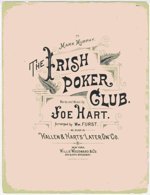Plakat mit der Aufschrift "The Irish Poker Club" in fetter schwarzer Schrift auf einem weißen Hintergrund, eingerahmt von einem schmalen schwarzen Rand, mit einer bunten Kleeblatt-Illustration.