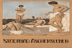 Ein Plakat für ein Schwimmbad in Aschersleben, Deutschland, das Menschen im Wasser zeigt, darunter einen sitzenden, und Text, der Pool-Informationen bereitstellt.
