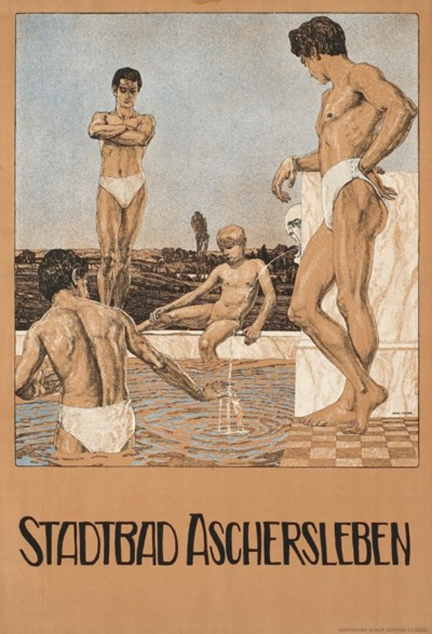 Ein Plakat für ein Schwimmbad in Aschersleben, Deutschland, das Menschen im Wasser zeigt, darunter einen sitzenden, und Text, der Pool-Informationen bereitstellt.