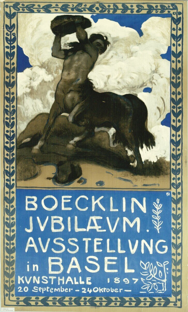 Plakat für ein Konzert in Basel, Schweiz, mit einer Illustration einer Person und eines Pferdes und Text mit Veranstaltungseinzelheiten.