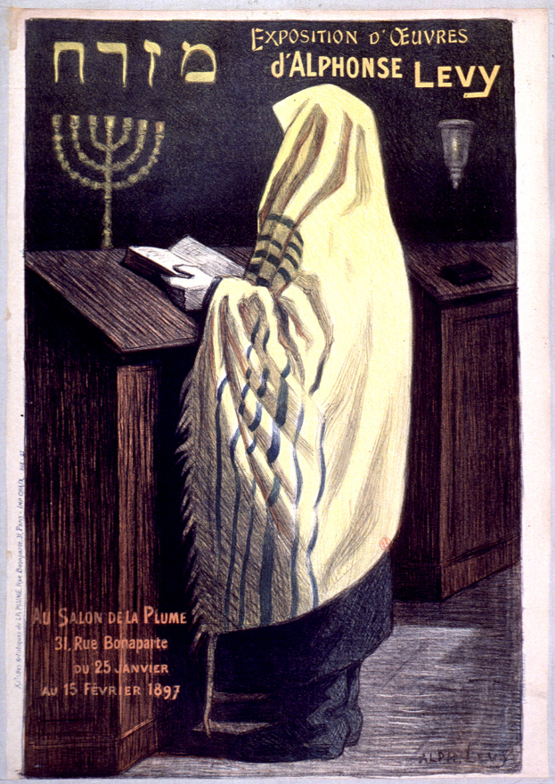 Ein Plakat für eine jüdische Ausstellung in Paris, das eine Person vor einem Tisch mit einem Buch und einer Menora zeigt, sowie Ausstellungdetails.