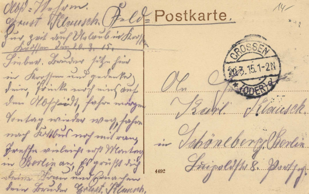 Eine alte Postkarte von Deutschland nach Deutschland vom 15.15.1912 mit handgeschriebener Text und einer Briefmarke oben rechts.