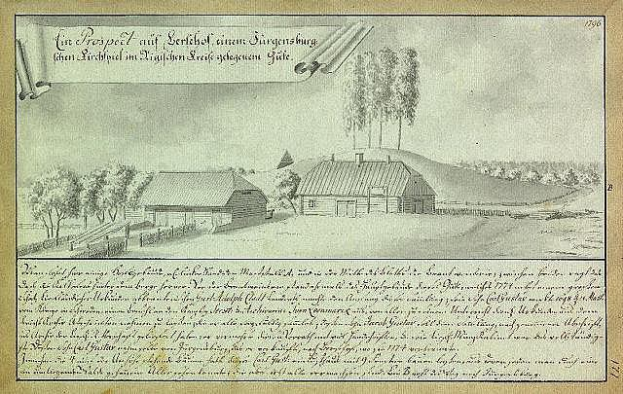 Ein historisches Dokument mit dem Titel "Surgensburg, Deutschland - Landschaft eines Bauernhofs", das eine ländliche Szene mit einem Bauernhof, Feldern, verstreuten Häusern, Bäumen und einem bewölkten Himmel zeigt.