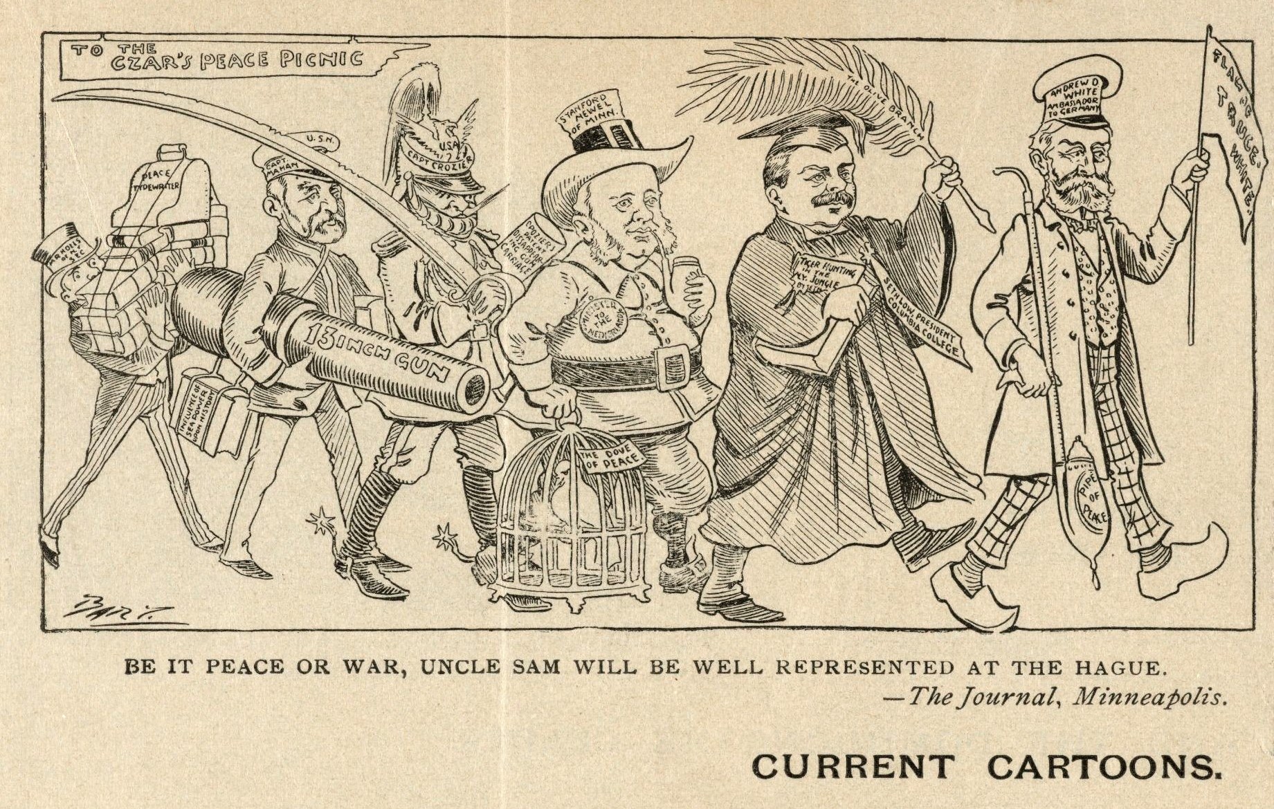 Cartoon-Illustration von Menschen, die eine Straße entlanggehen und Fahnen und Gegenstände halten, mit Text unten, der lautet: "Frieden oder Krieg, Onkel Sam wird gut vertreten sein in Den Haag."