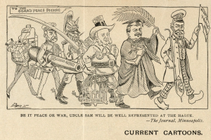 Cartoon-Illustration von Menschen, die eine Straße entlanggehen und Fahnen und Gegenstände halten, mit Text unten, der lautet: "Frieden oder Krieg, Onkel Sam wird gut vertreten sein in Den Haag."