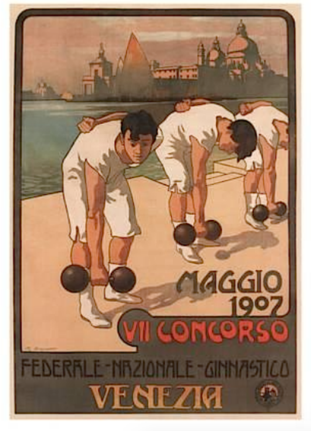Ein Plakat, das ein Bowling-Spiel in Venedig, Italien, ankündigt, mit einer Gruppe von Menschen, die Boccia spielen, einem Wasserbecken und Gebäuden im Hintergrund und Text, der Informationen zum Event enthält.
