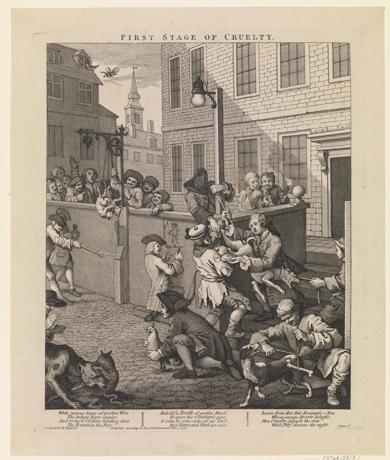 Eine Gruppe von Menschen und Tieren versammelt sich vor einem Gebäude mit Fenstern und einem Laternenpfahl, mit einem Himmel im Hintergrund; Text unten lautet "Erste Stufe der Grausamkeit."