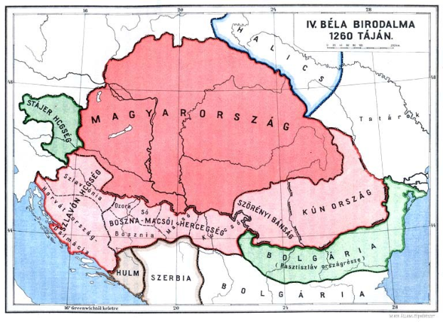 Ein Plakat mit einer 16. Jahrhundert-Karte von Ungarn, die das Ausmaß des ungarischen Reichs mit zusätzlichen Textanmerkungen zeigt.