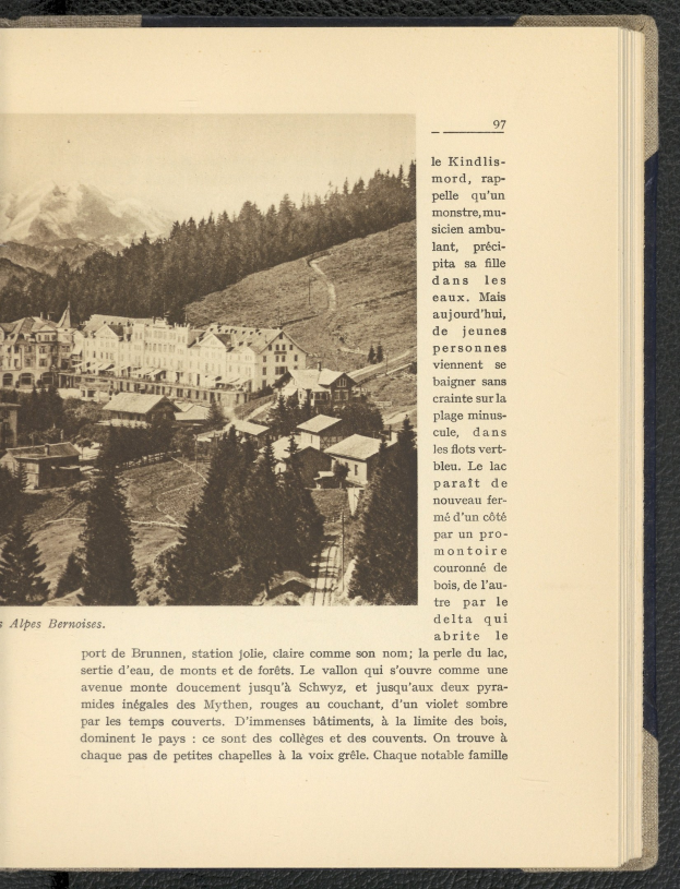 Schwarzes und weißes Foto eines Dorfes, das von Bäumen und Bergen umgeben ist und in einem aufgeschlagenen Buch mit Text zu sehen ist.