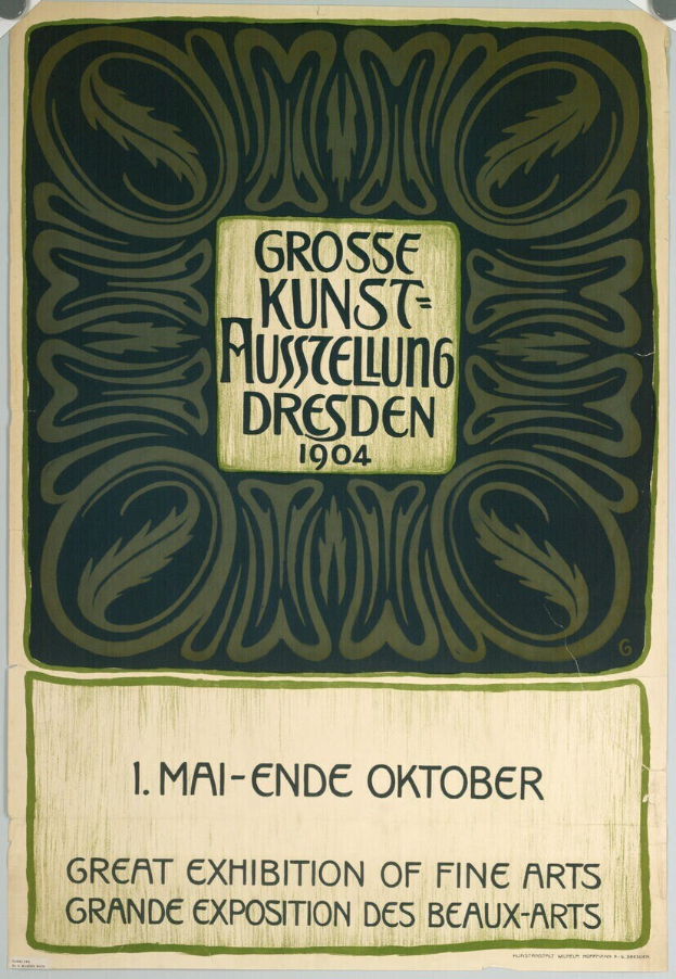 Ein Plakat für die Große Kunstausstellung an der Grand Exposition des Beaux-Arts in Dresden, Deutschland im Jahr 1904, mit auffälligem Text, der die Ausstellung ankündigt.